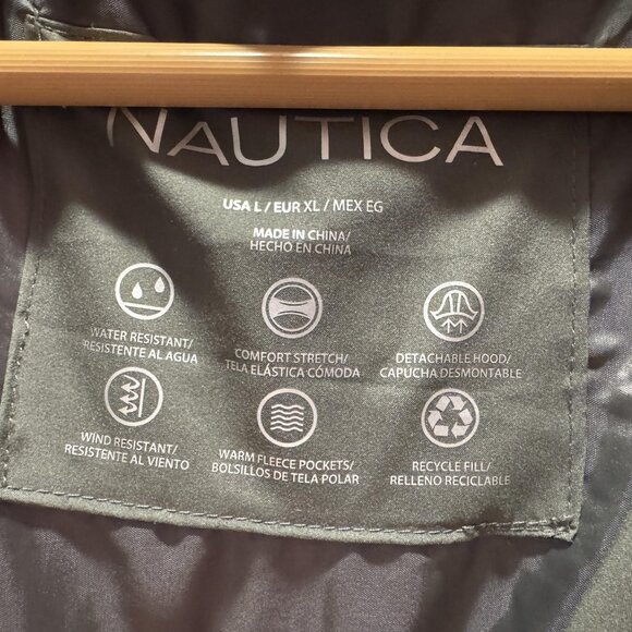 Nautica Jacket Womens Large Green Quilted Puffer Faux Fur Hood Water Resistant - Picture 6 of 14